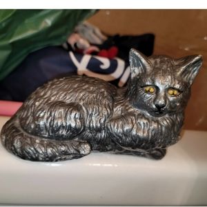 Vintage cat door stopper decor metallic gray with yellow eyes spooky kitty 😺